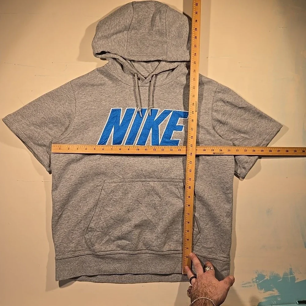 Nike‎ Men M Short Sleeve Hoodie Gray Blue Logo Pullover Malaysia Kangaroo Pocket